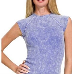 New Washed Indigo Cap Sleeve Ribbed Tee